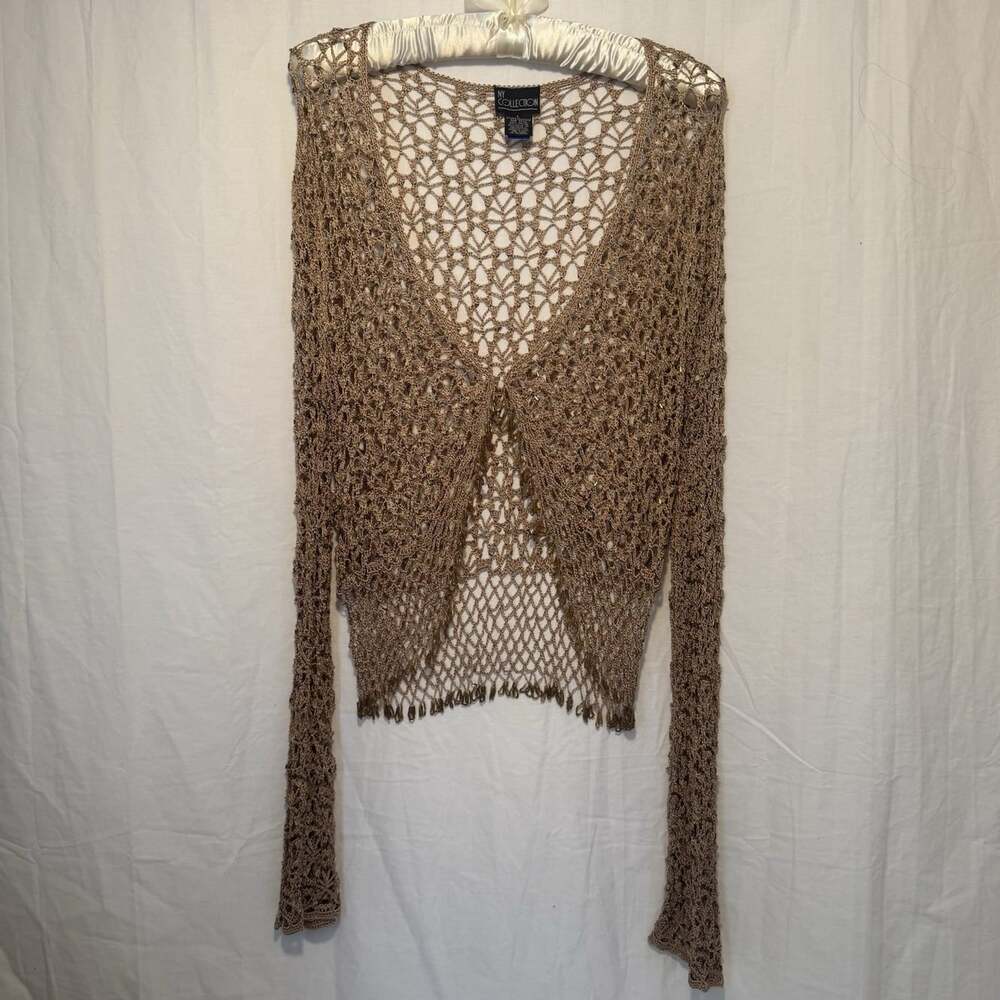 VTG Beaded Crochet Cardigan NY Collection Gold Sparkle Fairy Elf Coquette Size L